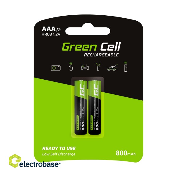 Green Cell Rechargeable Batteries 2x AAA HR03 800mAh image 1