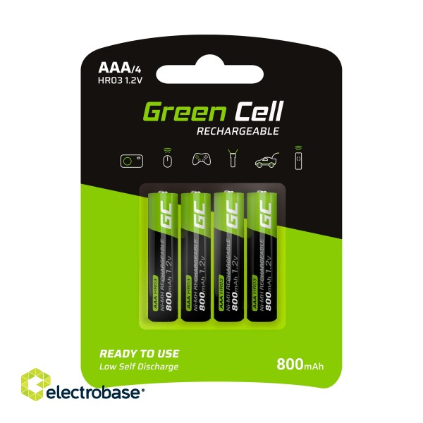 Green Cell Rechargeable Batteries 4x AAA HR03 800mAh image 1