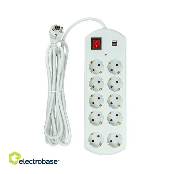 Extension cord 5m, 10 sockets, 2x USB, with switch