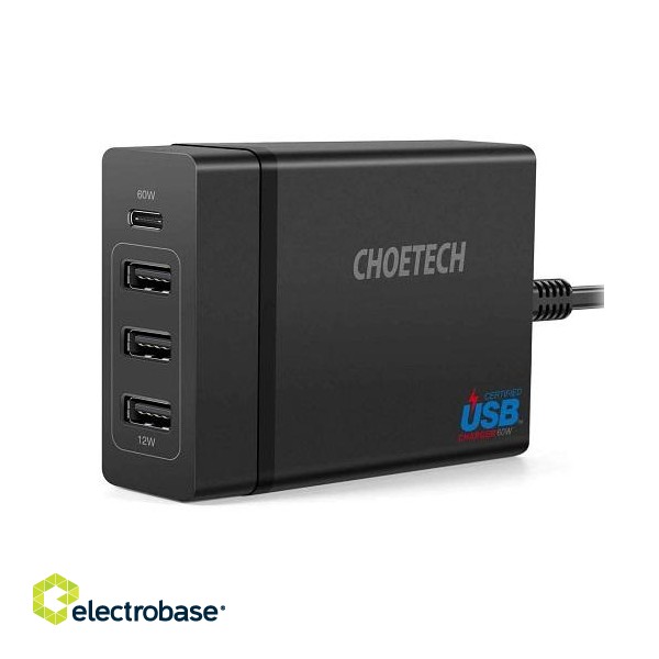 Зарядное устройство CHOETECH 3x USB Type-A + Type-C: 72W, PD, 1.5m