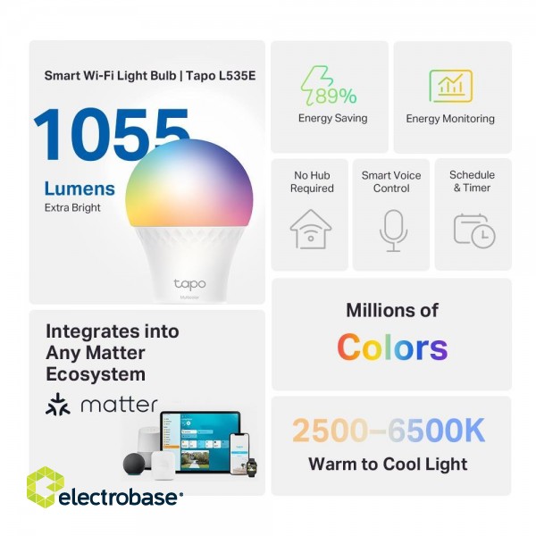Smart Light Bulb|TP-LINK|Power consumption 8.6 Watts|Luminous flux 1055 Lumen|6500 K|240V|Beam angle 220 degrees|TAPOL535E paveikslėlis 2