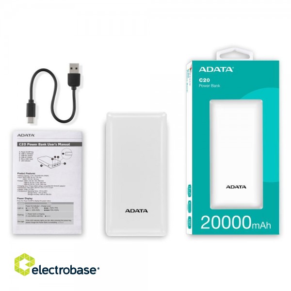 POWER BANK USB 20000MAH WHITE/PBC20-WH ADATA фото 6