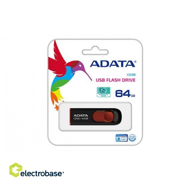 MEMORY DRIVE FLASH USB2 64GB/BLACK/RED AC008-64G-RKD ADATA фото 2