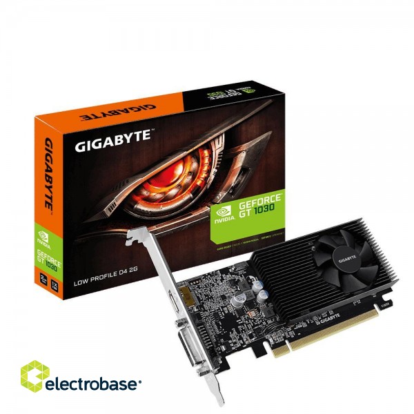 Graphics Card|GIGABYTE|NVIDIA GeForce GT 1030|2 GB|64 bit|PCIE 3.0 16x|GDDR4|Memory 2100 MHz|GPU 1177 MHz|Single Slot Fansink|1xDVI|1xHDMI|GV-N1030D4-2GL paveikslėlis 1
