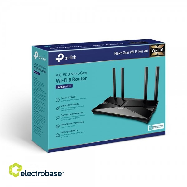 Wireless Router|TP-LINK|Wireless Router|1500 Mbps|Wi-Fi 6|IEEE 802.11a|IEEE 802.11 b/g|IEEE 802.11n|IEEE 802.11ac|IEEE 802.11ax|1 WAN|4x10/100/1000M|Number of antennas 4|ARCHERAX10 фото 2