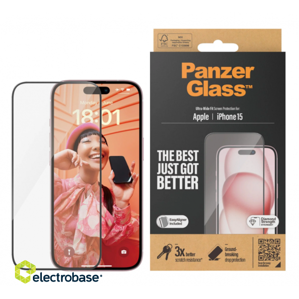 PanzerGlass | Screen protector | Apple | iPhone 15 | Glass | Clear | Easy installation; Fingerprint resistant; Anti-yellowing | Ultra-Wide Fit фото 1