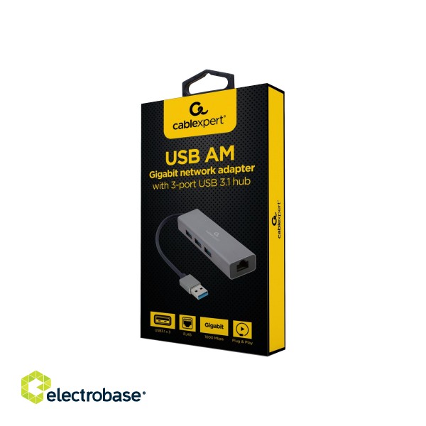 Cablexpert | USB AM Gigabit network adapter with 3-port USB 3.0 hub | A-AMU3-LAN-01 paveikslėlis 4