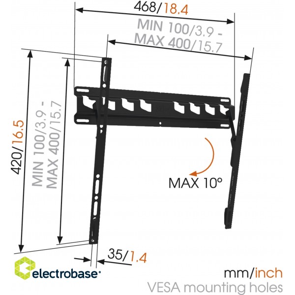 Vogels | Wall mount | MA3010-A1 | Tilt | 32-55 " | Maximum weight (capacity) 40 kg | Black image 4