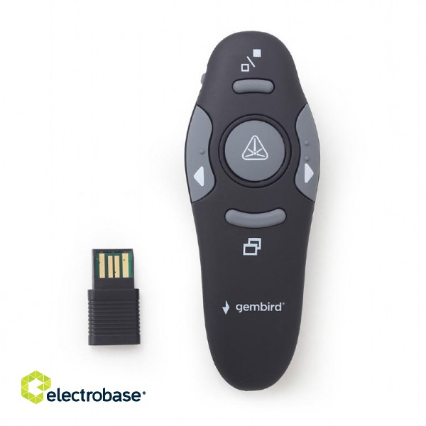 Gembird | Wireless presenter with laser pointer | WP-L-01 | Black | Depth 25 mm | Height 105 mm | Red laser pointer. 4 buttons to control most used PowerPoint presentation functions. Interface: USB. Presenter control distance: up to 10 m. | paveikslėlis 1