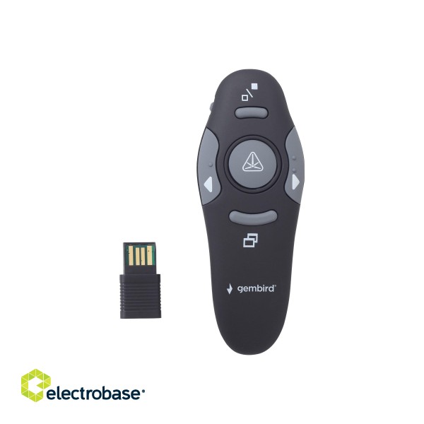 Gembird | Wireless presenter with laser pointer | WP-L-01 | Black | Depth 25 mm | Height 105 mm | Red laser pointer. 4 buttons to control most used PowerPoint presentation functions. Interface: USB. Presenter control distance: up to 10 m. | paveikslėlis 2
