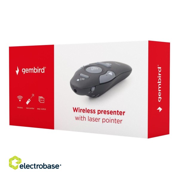 Gembird | Wireless presenter with laser pointer | WP-L-01 | Black | Depth 25 mm | Height 105 mm | Red laser pointer. 4 buttons to control most used PowerPoint presentation functions. Interface: USB. Presenter control distance: up to 10 m. | paveikslėlis 6