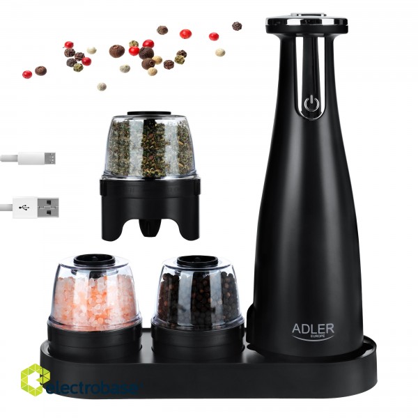Adler | Electric Salt and pepper grinder | AD 4449b | Grinder | 7 W | Housing material ABS plastic | Lithium | Mills with ceramic querns; Charging light; Auto power off after: 3 minutes; Fully charged for 120 minutes of continuous use; Char image 6