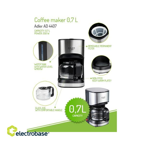 Adler | Coffee maker | AD 4407 | Drip | 550 W | Black paveikslėlis 4