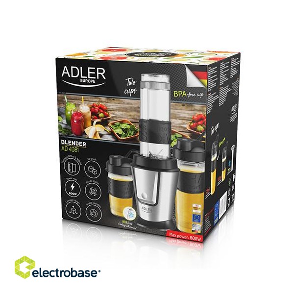 Adler | Blender | AD 4081 | Tabletop | 800 W | Jar material BPA Free Plastic | Jar capacity 0.4 + 0.57 L | Ice crushing | Black/Stainless steel paveikslėlis 9