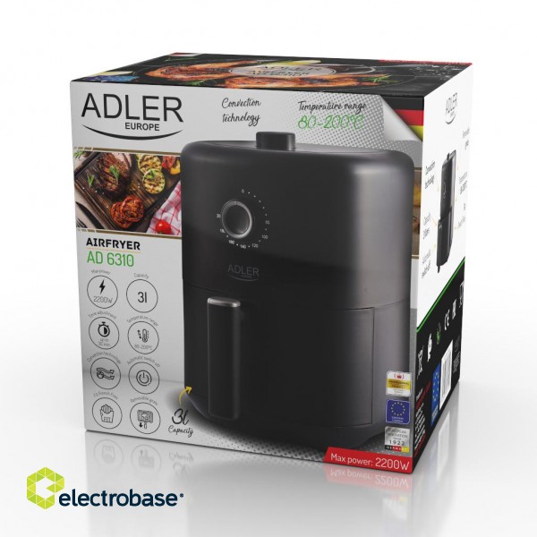 Adler | AD 6310 | Airfryer | Power 2200 W | Capacity 3 L | High-volume hot-air circulation technology | Black paveikslėlis 10