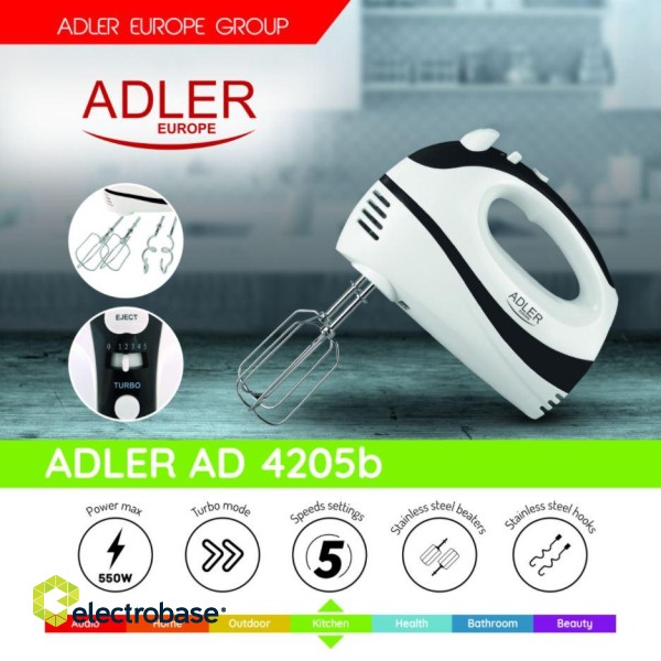 Adler | Mixer | AD 4205 b | Hand Mixer | 300 W | Number of speeds 5 | Turbo mode | White/Black image 3