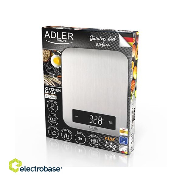 Adler | Kitchen scale | AD 3174 | Maximum weight (capacity) 10 kg | Graduation 1 g | Display type LED | Inox фото 2