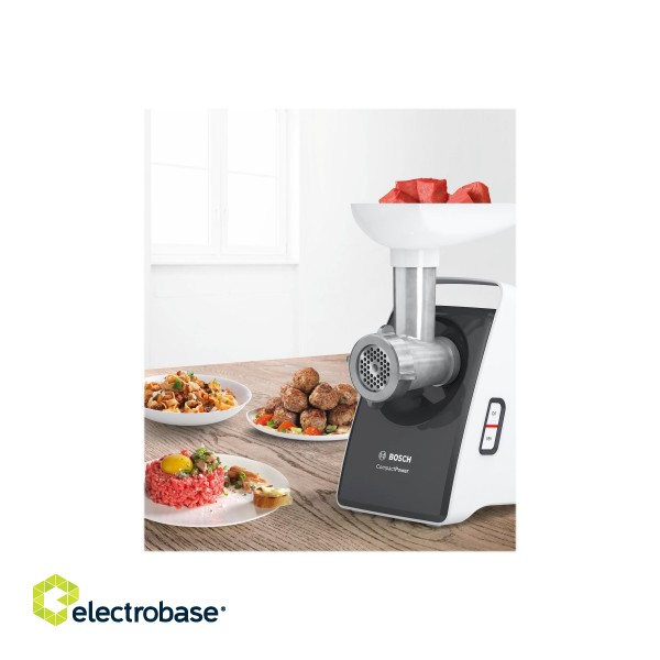 Bosch | Meat mincer CompactPower | MFW3612A | Black | 500 W | Number of speeds 1 | 2 Discs: 4 mm and 8 mm; Sausage filler accessory; pasta nozzle for spaghetti and tagliatelle; cookie nozzle with three different shapes фото 3