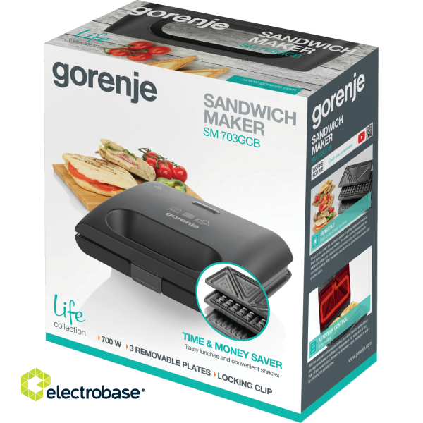 Gorenje | SM703GCB | Sandwich maker | 700 W | Number of plates 3 | Number of pastry 2 | Black фото 6