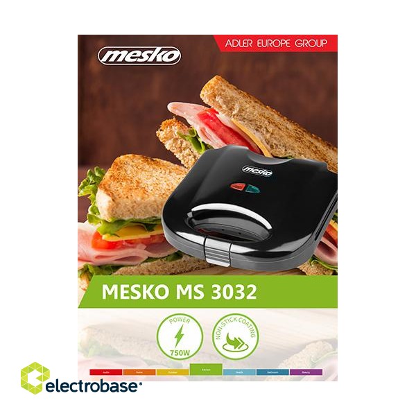 Mesko | MS 3032 | Sandwich maker | 750 W | Number of plates 1 | Number of pastry 2 | Black paveikslėlis 3