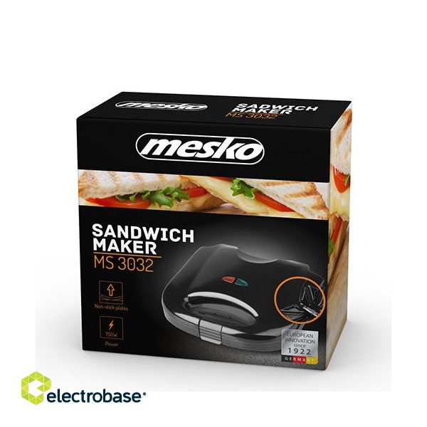 Mesko | MS 3032 | Sandwich maker | 750 W | Number of plates 1 | Number of pastry 2 | Black paveikslėlis 4