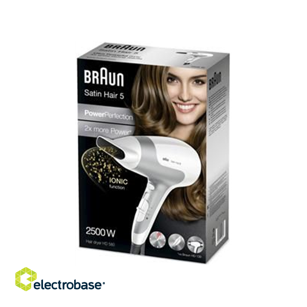 Braun | Hair Dryer | Satin Hair 5 HD 580 | 2500 W | Number of temperature settings 3 | Ionic function | White/ silver image 7