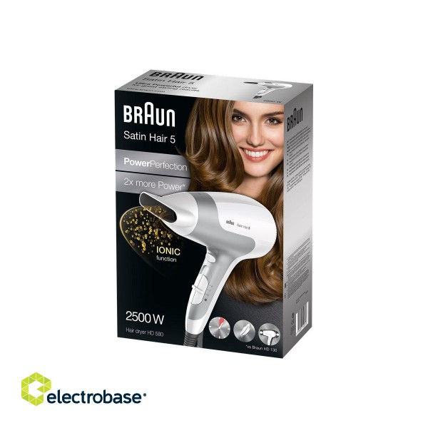 Braun | Hair Dryer | Satin Hair 5 HD 580 | 2500 W | Number of temperature settings 3 | Ionic function | White/ silver image 6