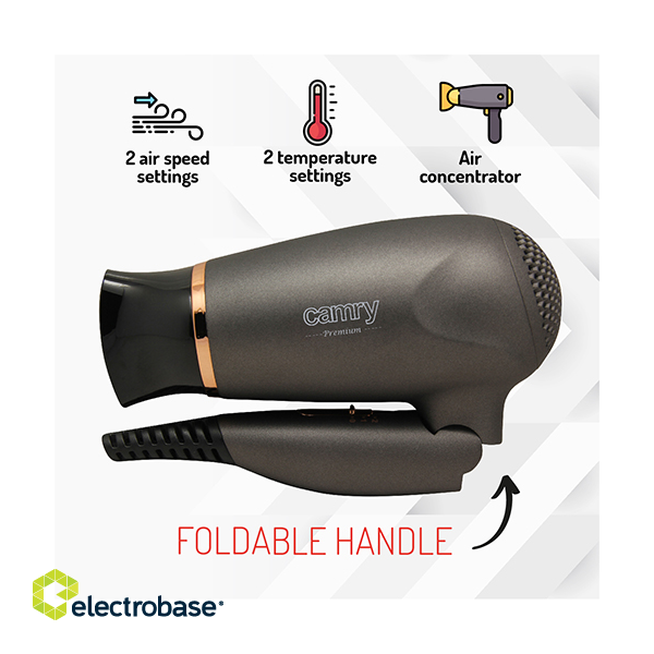 Camry | Hair Dryer | CR 2261 | 1400 W | Number of temperature settings 2 | Metallic Grey/Gold image 7