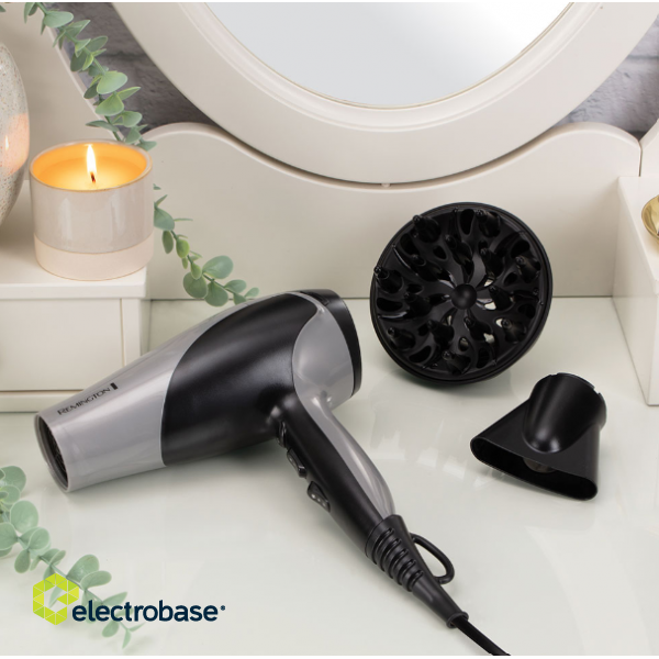 Remington Hair Dryer | D3190S | 2200 W | Number of temperature settings 3 | Ionic function | Diffuser nozzle | Grey/Black image 3