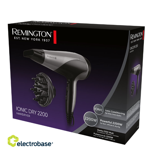 Remington Hair Dryer | D3190S | 2200 W | Number of temperature settings 3 | Ionic function | Diffuser nozzle | Grey/Black image 4
