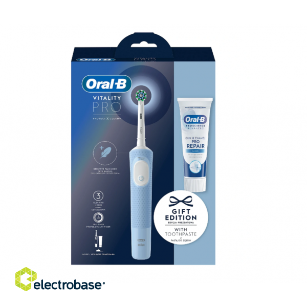 Oral-B | Electric Toothbrush + Toothpaste | Vitality Pro Protect X Clean | Rechargeable | For adults | Number of brush heads included 1 | Number of teeth brushing modes 3 | Blue фото 2