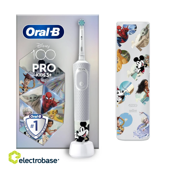Oral-B | Electric Toothbrush with Travel Case | Vitality PRO Kids Disney 100 | Rechargeable | For kids | Number of brush heads included 1 | Number of teeth brushing modes 2 | White paveikslėlis 1