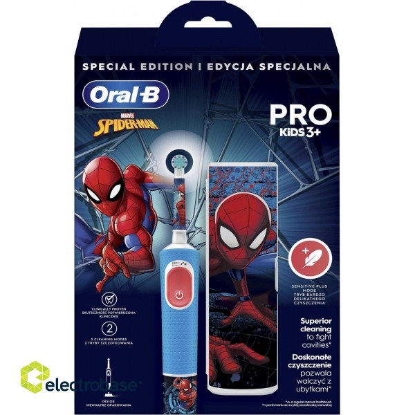 Oral-B | Electric Toothbrush with Travel Case | Vitality PRO Kids Spiderman | Rechargeable | For children | Number of brush heads included 1 | Number of teeth brushing modes 2 | Blue фото 2