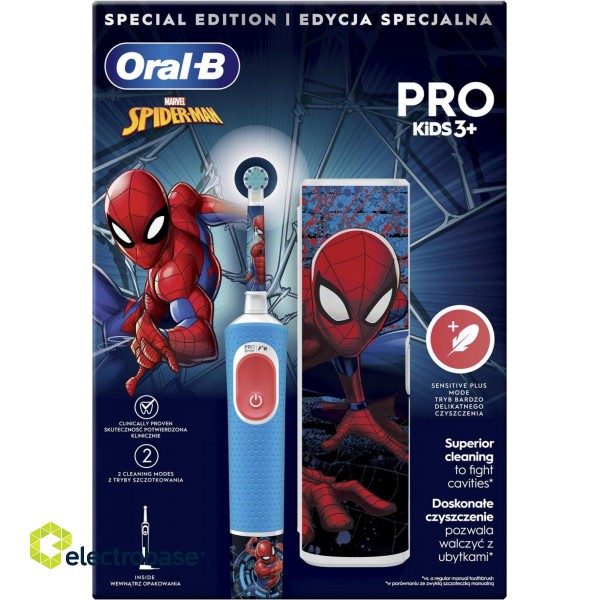 Oral-B | Electric Toothbrush with Travel Case | Vitality PRO Kids Spiderman | Rechargeable | For children | Number of brush heads included 1 | Number of teeth brushing modes 2 | Blue фото 3