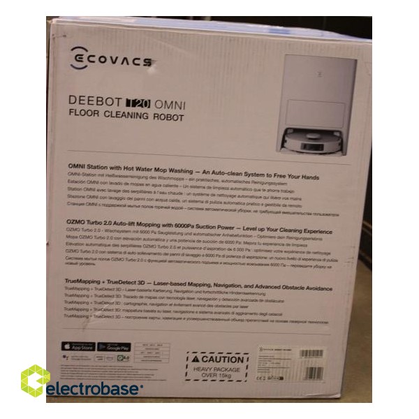 SALE OUT. Ecovacs Vacuum cleaner DEEBOT T20 OMNI Ecovacs Wet&Dry Operating time (max) 260 min Lithium Ion 5200 mAh Dust capacity 0.4 L 6000 Pa White Battery warranty 24 month(s) DAMAGED PACKAGING image 1