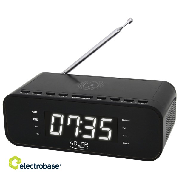 Adler | AD 1192B | Alarm Clock with Wireless Charger | W | AUX in | Black | Alarm function image 1