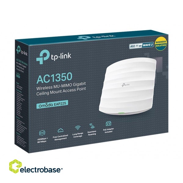 TP-LINK | Access Point | EAP225 | 802.11ac | 2.4GHz/5GHz | 450+867 Mbit/s | 10/100/1000 Mbit/s | Ethernet LAN (RJ-45) ports 1 | MU-MiMO Yes | PoE in | Antenna type 5xInternal image 9
