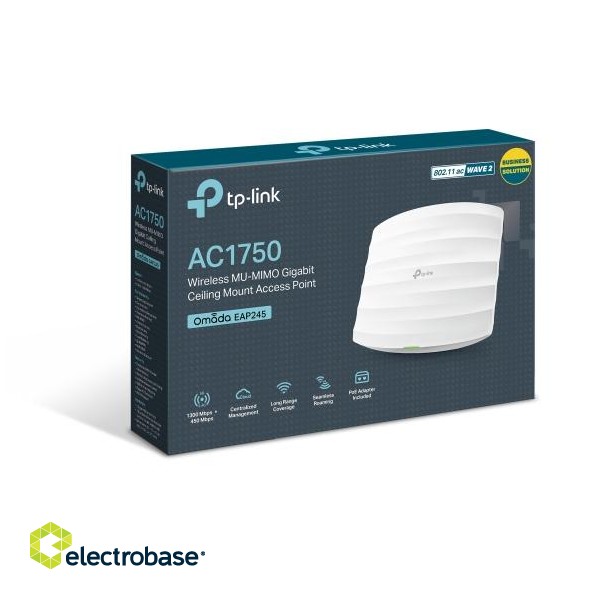 TP-LINK | Access Point | EAP245 | 802.11ac | 2.4GHz and 5GHz | 450+1300 Mbit/s | 10/100/1000 Mbit/s | Ethernet LAN (RJ-45) ports 2 | MU-MiMO Yes | PoE in | Antenna type 6xInternal | No image 4
