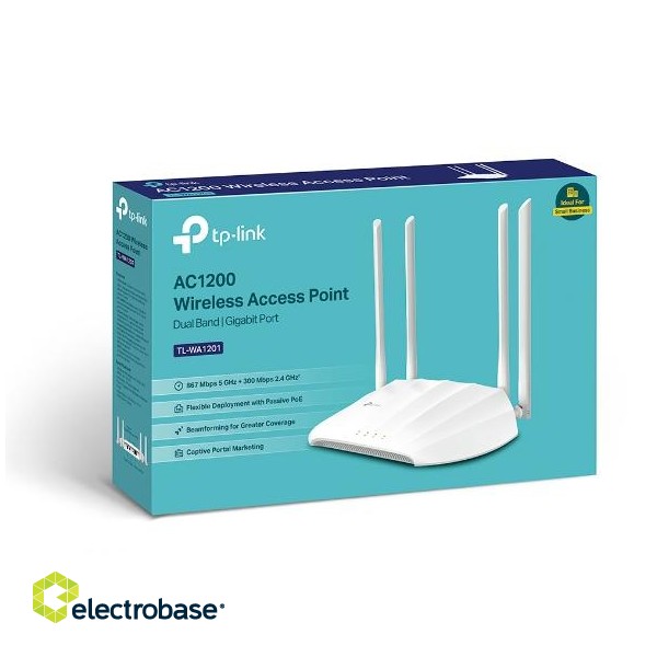TP-LINK | Access Point | TL-WA1201 | 802.11ac | 2.4GHz/5 GHz | 300+867 Mbit/s | 10/100/1000 Mbit/s | Ethernet LAN (RJ-45) ports 1 | MU-MiMO Yes | no PoE | Antenna type 4 Fixed High Performance | No image 5