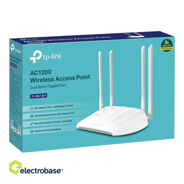 TP-LINK | TL-WA1201 | Access Point | 802.11ac | 2.4GHz/5 GHz | 300+867 Mbit/s | 10/100/1000 Mbit/s | Ethernet LAN (RJ-45) ports 1 | MU-MiMO Yes | no PoE | Antenna type 4 Fixed High Performance | No image 6