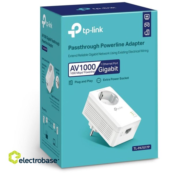 TP-LINK | AV1000 Gigabit Passthrough Powerline Adapter | TL-PA7017P | 1000 Mbit/s | Ethernet LAN (RJ-45) ports 1 | No Wi-Fi | Extra socket фото 4
