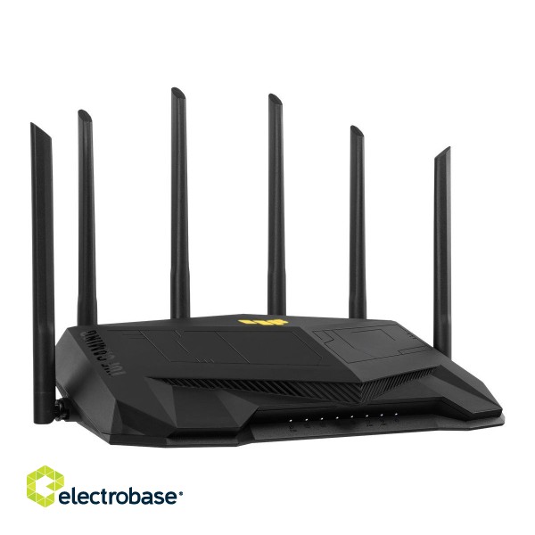 Dual Band WiFi6 Gigabit Router | TUF Gaming AX6000 | 802.11ax | 1148+4804 Mbit/s | 10/100/1000 Mbit/s | Ethernet LAN (RJ-45) ports 5 | Mesh Support Yes | MU-MiMO Yes | No mobile broadband | Antenna type External image 10