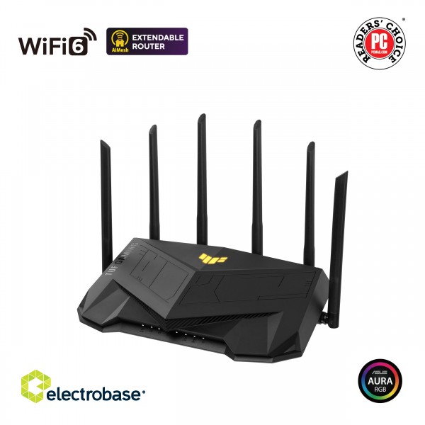 Dual Band WiFi6 Gigabit Router | TUF Gaming AX6000 | 802.11ax | 1148+4804 Mbit/s | 10/100/1000 Mbit/s | Ethernet LAN (RJ-45) ports 5 | Mesh Support Yes | MU-MiMO Yes | No mobile broadband | Antenna type External image 2