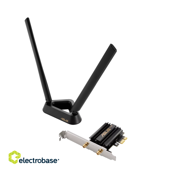 Tri Band PCI-E WiFi 6E | PCE-AXE59BT | 802.11ax | 574/2402/2042574/2402/2042 Mbit/s | Mbit/s | Ethernet LAN (RJ-45) ports | Mesh Support No | MU-MiMO No | No mobile broadband | Antenna type | 36 month(s) image 1