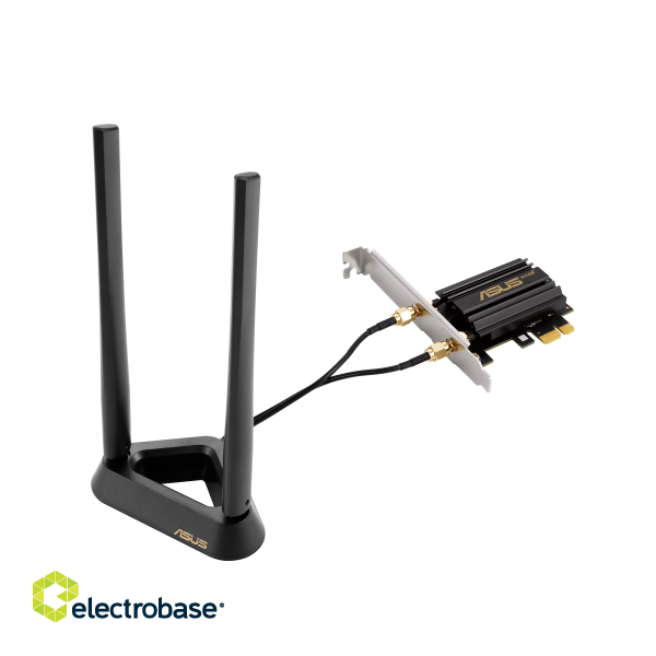 Tri Band PCI-E WiFi 6E | PCE-AXE59BT | 802.11ax | 574/2402/2042574/2402/2042 Mbit/s | Mbit/s | Ethernet LAN (RJ-45) ports | Mesh Support No | MU-MiMO No | No mobile broadband | Antenna type | 36 month(s) image 3