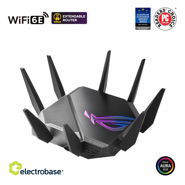 Wi-Fi 6 Tri-Band Gigabit Gaming Router | ROG GT-AXE11000 Rapture | 802.11ax | 1148+4804+4804 Mbit/s | 10/100/1000/2500 Mbit/s | Ethernet LAN (RJ-45) ports 5 | Mesh Support Yes | MU-MiMO Yes | No mobile broadband | Antenna type External | 2x paveikslėlis 2