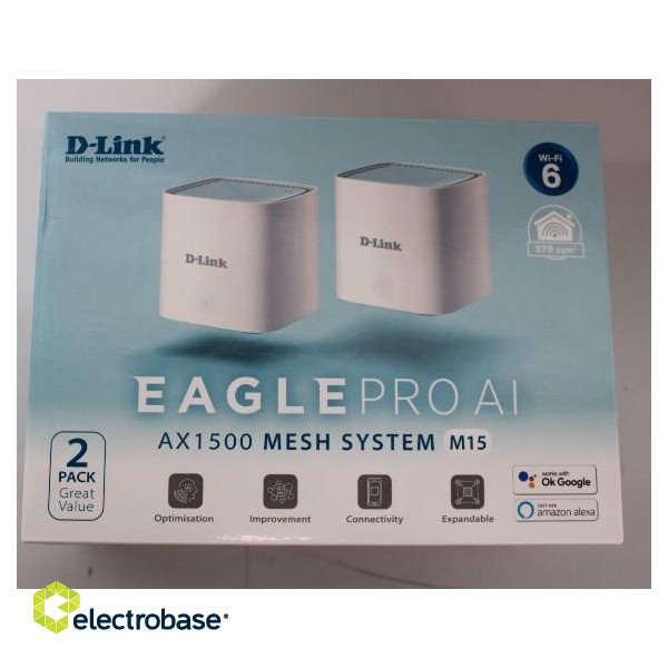 SALE OUT. D-Link M15-2 EAGLE PRO AI AX1500 Mesh System D-Link EAGLE PRO AI AX1500 Mesh System M15-2 (2-pack) 802.11ax 1200+300 Mbit/s 10/100/1000 Mbit/s Ethernet LAN (RJ-45) ports 1 Mesh Support Yes MU-MiMO Yes No mobile broadband Antenna t image 1