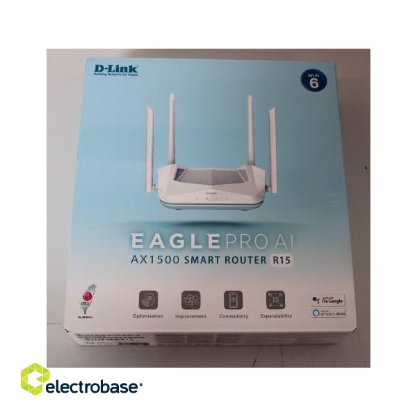 SALE OUT.  D-Link R15 AX1500 Smart Router D-Link AX1500 Smart Router R15 802.11ax 1200+300 Mbit/s 10/100/1000 Mbit/s Ethernet LAN (RJ-45) ports 3 Mesh Support Yes MU-MiMO Yes No mobile broadband Antenna type 4xExternal DEMO | AX1500 Smart R image 1