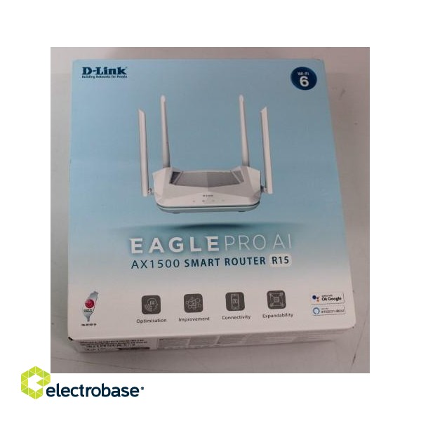 SALE OUT.  D-Link R15 AX1500 Smart Router D-Link AX1500 Smart Router R15 802.11ax 1200+300 Mbit/s 10/100/1000 Mbit/s Ethernet LAN (RJ-45) ports 3 Mesh Support Yes MU-MiMO Yes No mobile broadband Antenna type 4xExternal DEMO | AX1500 Smart R paveikslėlis 2