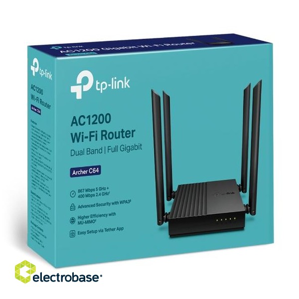 AC1200 Wireless MU-MIMO Wi-Fi Router | Archer C64 | 802.11ac | 867+400 Mbit/s | Mbit/s | Ethernet LAN (RJ-45) ports 4 | Mesh Support No | MU-MiMO Yes | No mobile broadband | Antenna type 4 x Fixed image 6